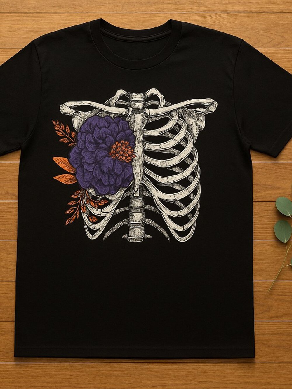 Gothic Ribcage & Purple Flower Graphic Tee | Black Alternative T-Shirt